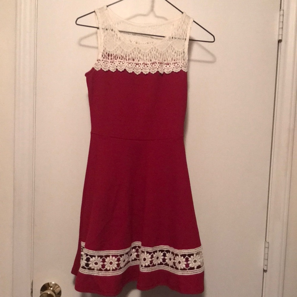 Dark red dress with lace straps and hem